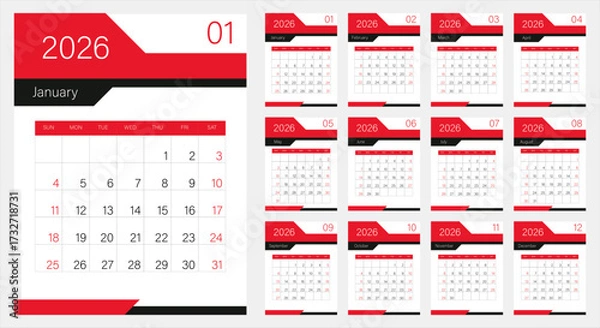 Fototapeta 2026 Monthly calendar template for 2026 year. Wall or desk calendar in a minimalist style. Diary planner for 2026 year. Week Starts on Sunday.
