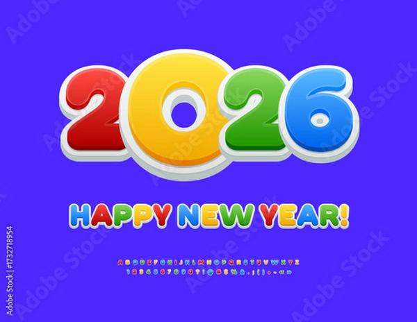 Fototapeta Vector Modern Greeting Card Happy New Year 2026! Bright Сolorful Font. Creative Kids Alphabet Letters and Numbers set.