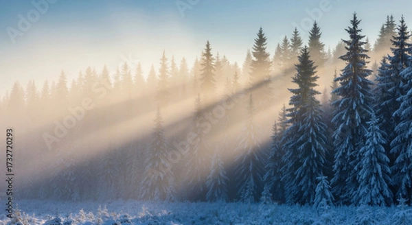 Fototapeta Snow covered evergreen forest with sunbeams breaking through misty morning fog. Winter woodland landscape with golden light filtering between coniferous trees