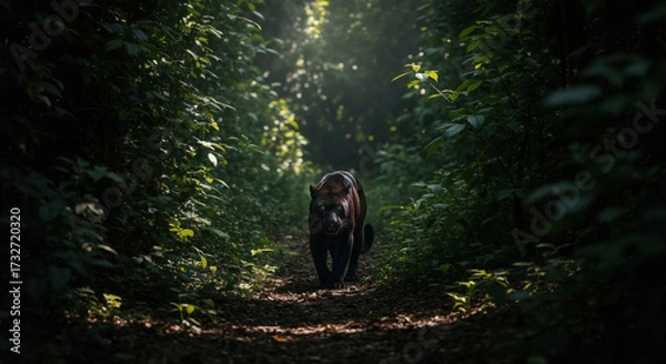 Fototapeta Black panther walking through forest path with green foliage around. Large feline predator moving silently through dense jungle habitat for wildlife education content