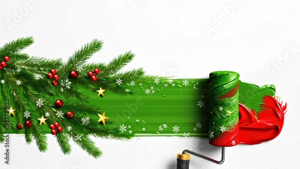 Fototapeta Festive Christmas Paint Roller with Pine Branches, Ornaments, and Snowflakes on White Background. Christmas and New Year concept on white background with copy space