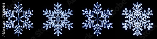 Fototapeta Set of Four Intricate Led Lights Snowflakes on Black Background: Winter, Cold, Frost, Design Trends