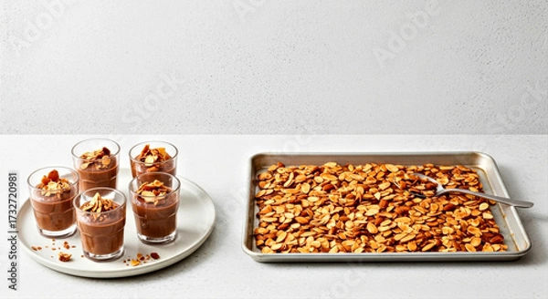 Fototapeta Chocolate Mousse with Nut Topping and Tray of Roasted Mixed Nuts on White Background.Christmas Holiday Treat