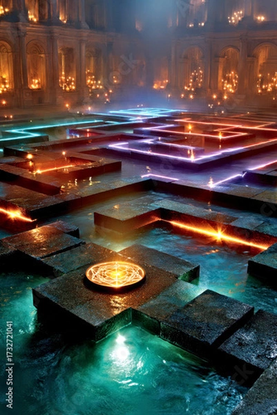 Fototapeta Enchanting Neon-Lit Maze in Magical Courtyard with Reflective Water and Candlelight Ambiance