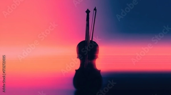 Fototapeta A silhouetted violin with bow against a vibrant gradient background, evoking musical creativity and emotion