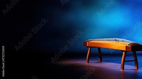 Fototapeta Elegant wooden bench with blue upholstery against a softly lit gradient background, showcasing craftsmanship