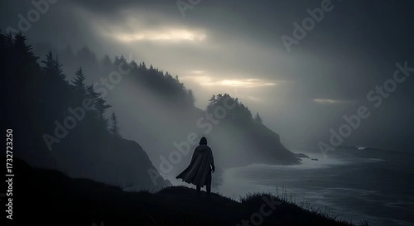 Fototapeta Mysterious figure in a cloak overlooks a foggy, rugged coastline at dusk