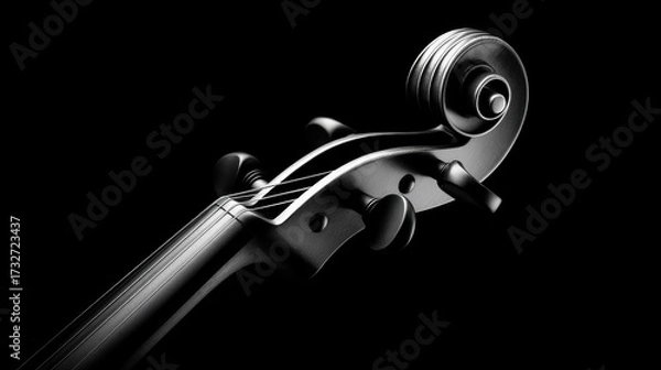 Fototapeta Close-up view of a violin scroll showcasing intricate design against a black background, highlighting craftsmanship