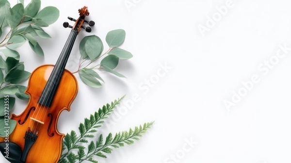 Fototapeta A beautifully arranged violin surrounded by green leaves on a white background, perfect for music-related designs