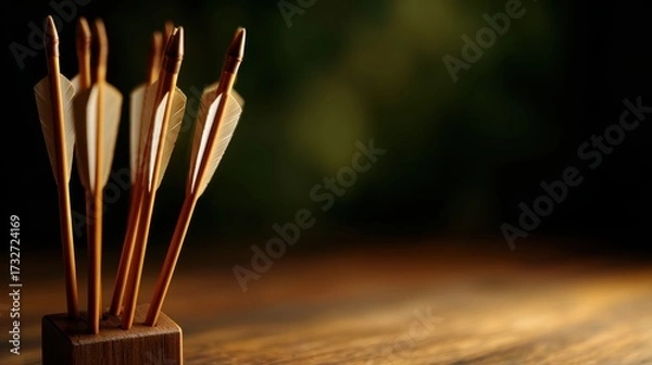 Fototapeta A close-up of wooden arrows in a holder, showcasing craftsmanship against a blurred natural background