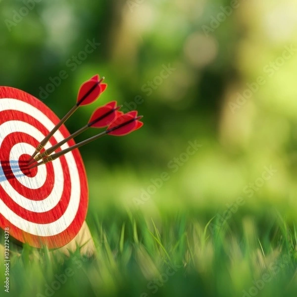 Fototapeta A vibrant archery target with arrows striking the bullseye, set in a lush green field under natural light