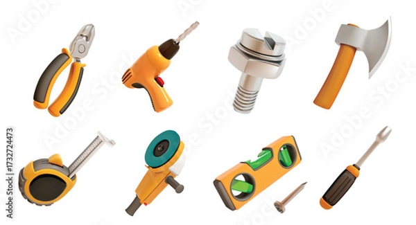 Fototapeta Construction Tools isolated vector 3d icon set for DIY and Maintenance with drill, Bubble Level, measuring tape. Hand tools for repair and construction.