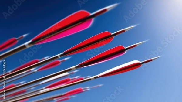 Fototapeta A dynamic shot of colorful arrows in flight against a clear blue sky, symbolizing precision and focus
