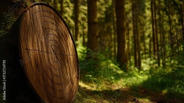 Fototapeta Wooden target board positioned in a serene forest, surrounded by tall trees and lush greenery
