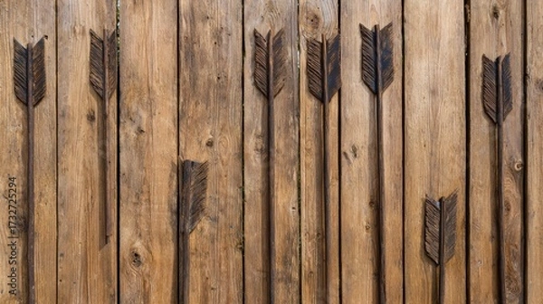 Fototapeta Rustic wooden fence with carved arrows, showcasing craftsmanship in a serene outdoor setting