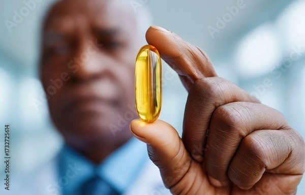 Fototapeta Man examining a yellow drug capsule in a medical setting with industrial background