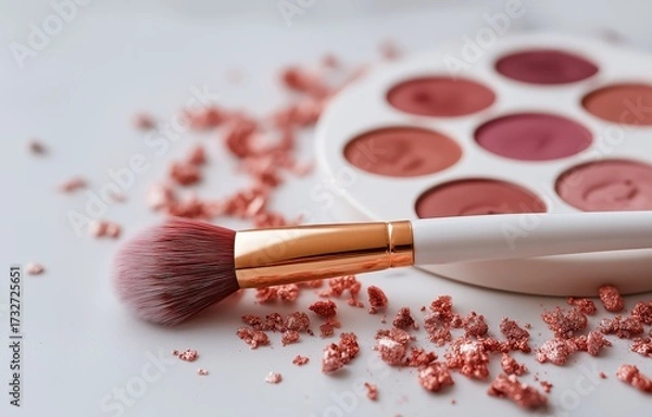 Fototapeta Minimal eyeshadow palette with brush showcases cool tones and texture on a clean backdrop