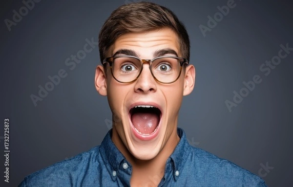 Fototapeta Funny guy expresses surprise with wide smile against a neutral background in a studio setting
