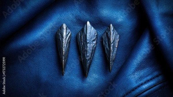 Fototapeta Three intricately designed arrowheads resting on a deep blue leather surface, showcasing craftsmanship
