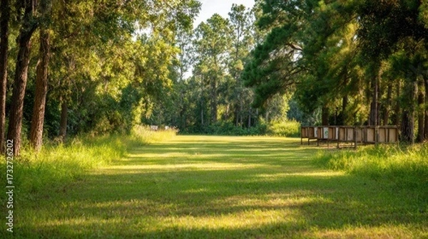 Fototapeta Serene pathway through lush greenery with wooden benches in the background, inviting relaxation outdoors
