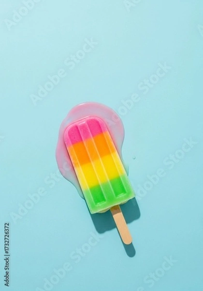 Fototapeta A colorful rainbow popsicle melting on a light blue background. The popsicle has layers of pink, yellow, green, and orange. It is partially melted, creating a puddle.