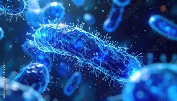 Fototapeta Microscopic World of Bacteria: Delving into the intricate details of the bacterial world, this image showcases vibrant blue microorganisms in a detailed and artistic illustration.