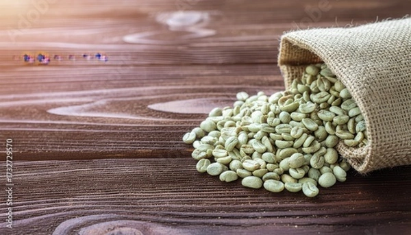 Fototapeta Unroasted coffee bean on wooden table: Raw coffee beans spill out of a burlap sack onto a rustic wooden surface, evoking a sensory experience, ready for roasting and transformation. 