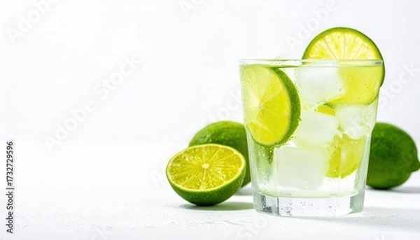 Fototapeta Refreshing lime drink: A vibrant and invigorating lime drink with ice sits against a pure lime, enticing you to quench your thirst and embrace the zesty coolness.
