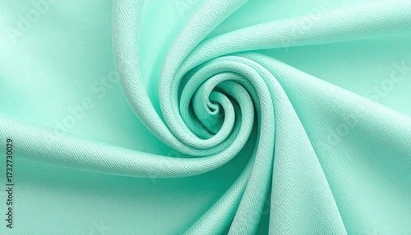Fototapeta Textured Fabric Swirl: A close-up view of a smooth, light teal fabric expertly folded to create an elegant spiral or vortex pattern, showcasing its soft texture and fluid drape.