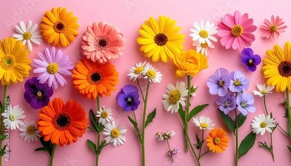 Fototapeta Colorful Floral Arrangement: A vibrant collection of diverse flowers, artfully arranged to bring joy, is captured with a natural, eye-level perspective, celebrating nature's beauty.