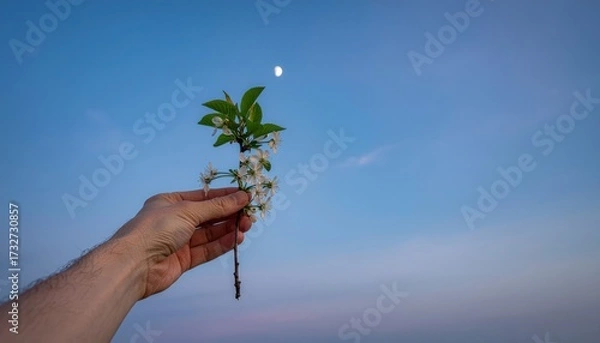 Fototapeta Blossom of the heavens: A hand tenderly holds a delicate flowering branch against the backdrop of a serene twilight sky, featuring a subtle crescent moon, creating a moment of peace and connection.