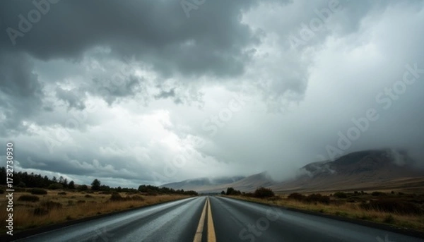 Fototapeta Open Road Under Dramatic Clouds in Remote Landscape Scene