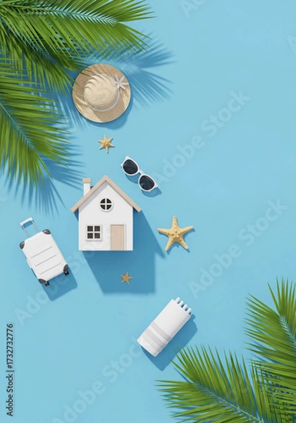 Fototapeta A flat lay of vacation essentials including a small white house model, sunglasses, a straw hat, a starfish, and a suitcase on a blue background with palm leaves.