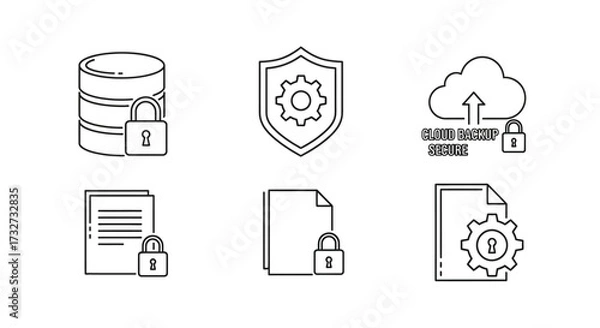 Fototapeta Database, shield, cloud backup, and file security icons in outline style.