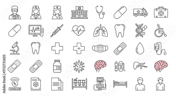 Fototapeta Collection of medical and healthcare-related icons, representing various aspects of medicine.