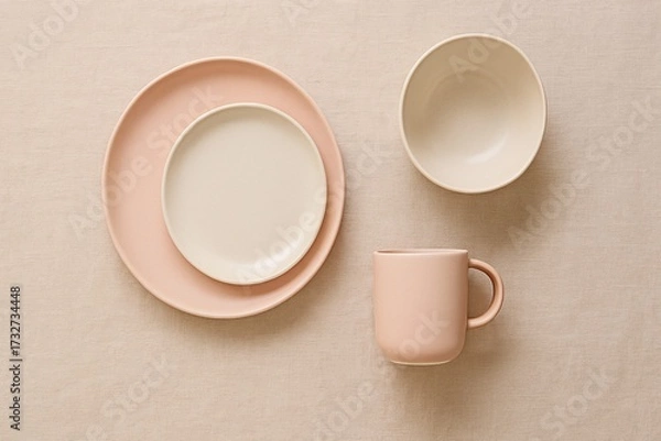 Obraz Elegant pastel tableware arrangement perfect for lifestyle or dining-related editorial use.