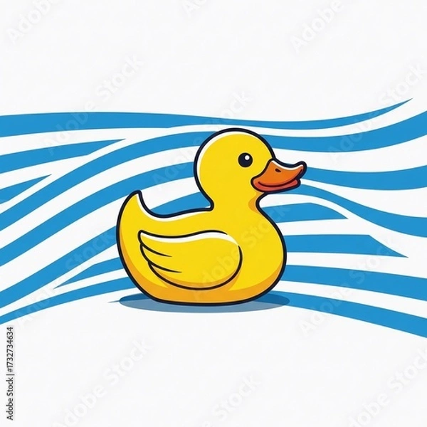 Fototapeta A bright yellow rubber duck floats on a blue wavy background. The duck has a cheerful expression and is commonly associated with bath time and children's toys.