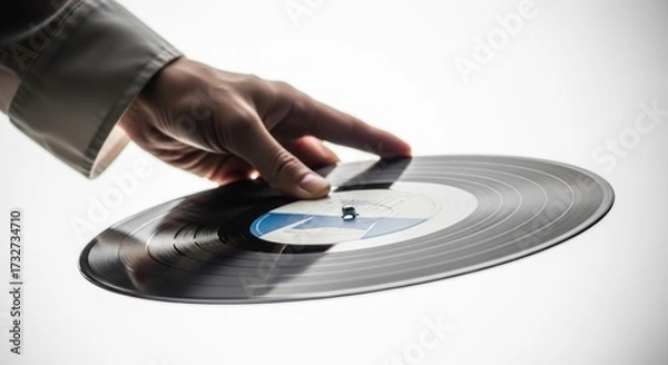 Obraz Hand holding a vinyl record against a bright white background showcasing the joy of music and classic audio experiences