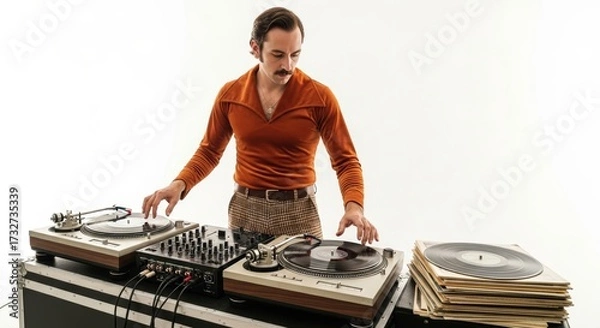 Obraz Man mixes vinyl records as a DJ in retro 70s outfit against a plain white background