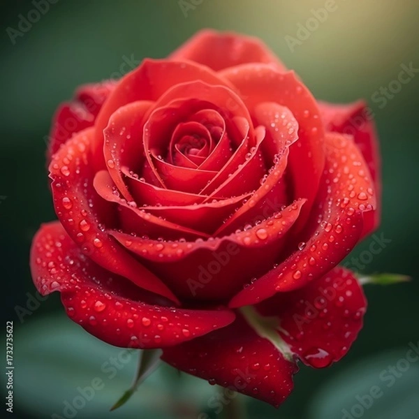 Fototapeta A closeup of a vibrant red rose with dew drops