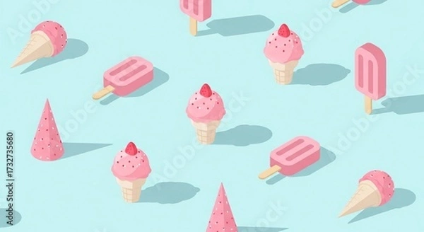 Fototapeta Colorful ice cream cones and popsicles arranged on a light blue background. The scene features various pink shades and playful shapes.