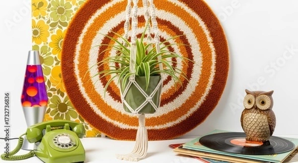 Obraz Discover vibrant 70s home decor with macrame plant hangers and shag rugs in a retro setting