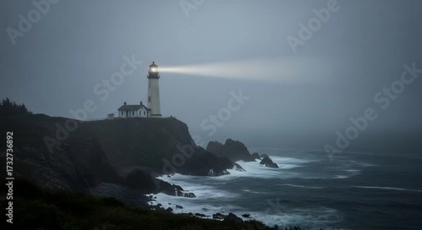 Fototapeta Lighthouse beam cuts through fog over rocky coast and ocean waves