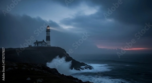 Fototapeta Lighthouse on a cliff overlooking the sea at dusk