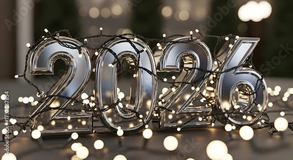Fototapeta Shiny metallic 2026 numerals illuminated with fairy lights festive decoration for New Year celebrations and holiday promotions