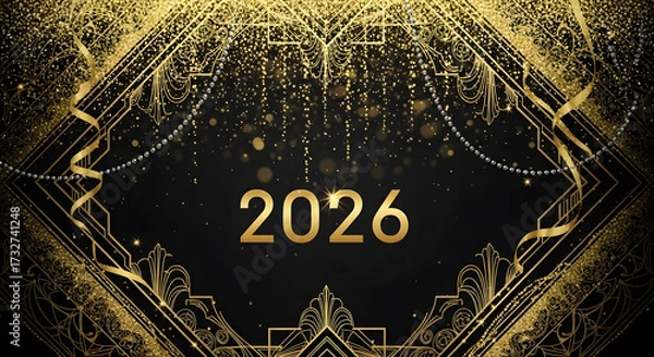 Fototapeta Elegant 2026 new year design with golden art deco frame and sparkling details perfect for invitations and festive backgrounds