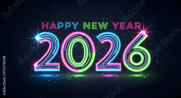 Fototapeta Happy New Year 2026 neon sign colorful glowing numbers with sparkles festive vector illustration for holiday celebration