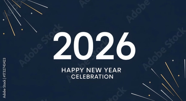 Fototapeta Happy New Year 2026 celebration elegant white text on dark blue background with gold fireworks vector illustration for festive greeting card design