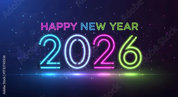 Fototapeta Happy New Year 2026 neon sign glowing colorful numbers with light effects vector illustration for holiday celebration