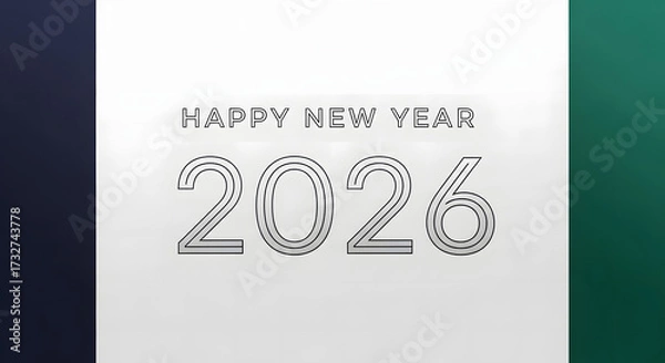Fototapeta Elegant Happy New Year 2026 design stylish silver text on white background perfect for holiday greetings and invitations